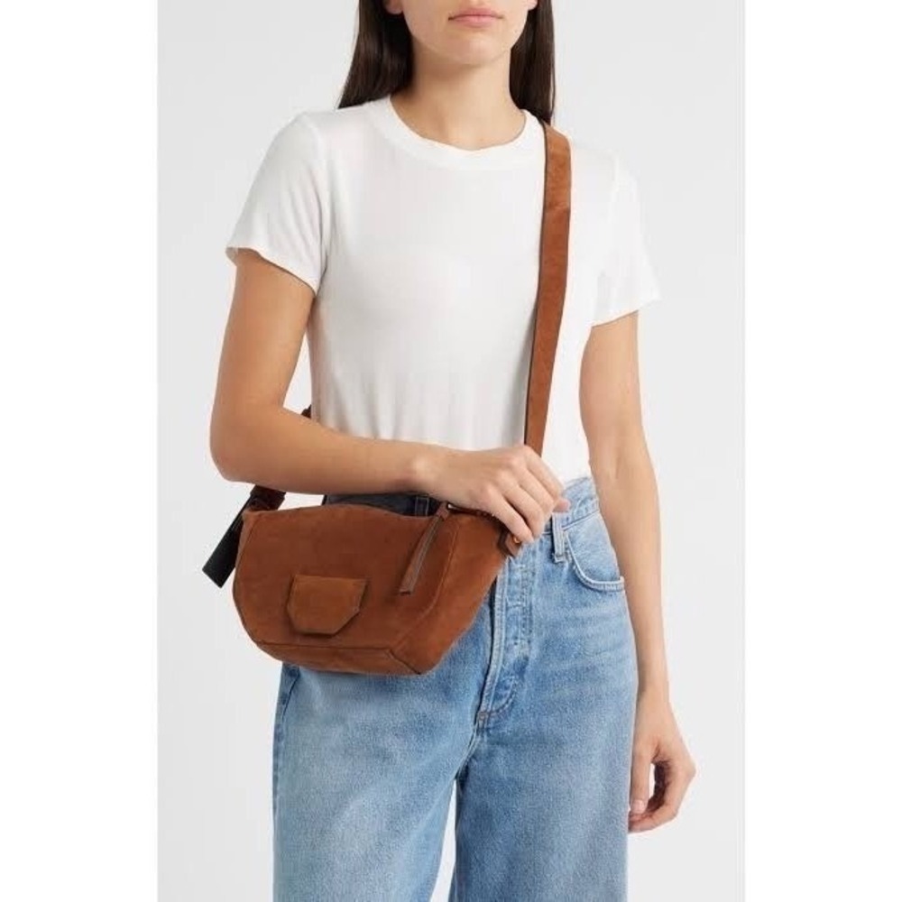 NWT AllSaints Luxury Suede & Gold Crossbody Shoulder Bag Boho Cognac $299